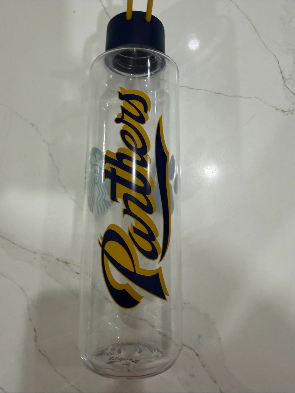 Starbucks Clear Panthers Water Bottle with Navy and Gold Accents not glass.